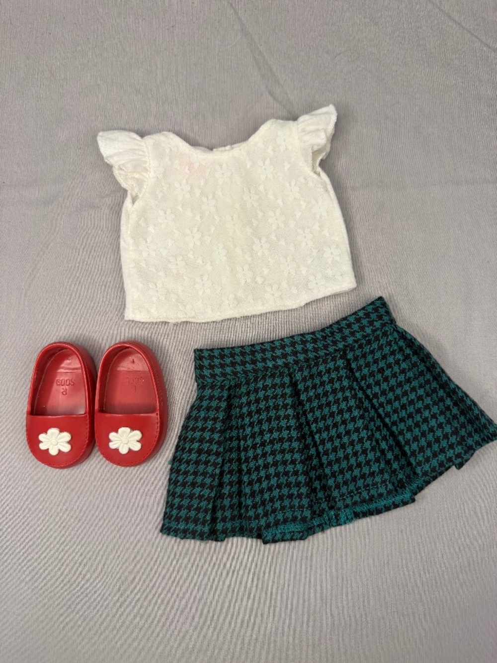 Outfit for 18” Doll – White Lace Top & Green Plaid Skirt w/ Red Shoes